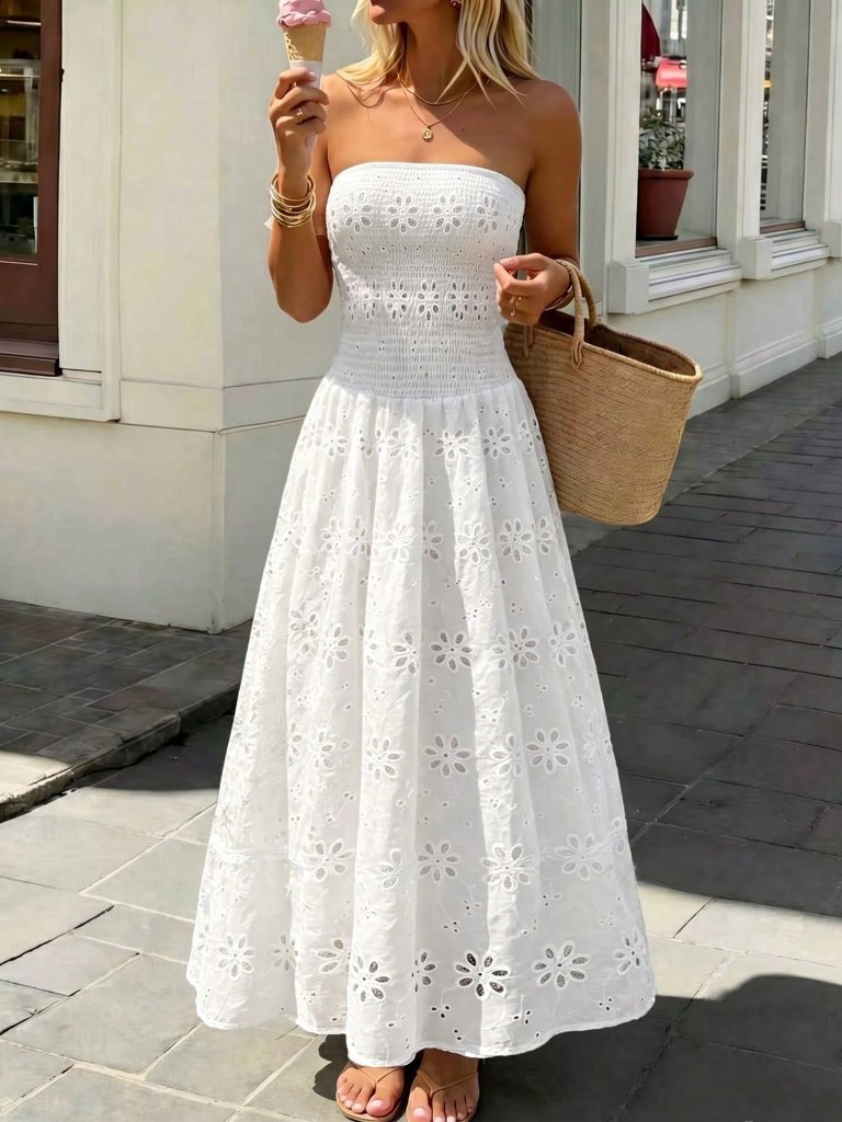 White Boho Women's Floral Embroidered Maxi Dress With Cinched Waist
